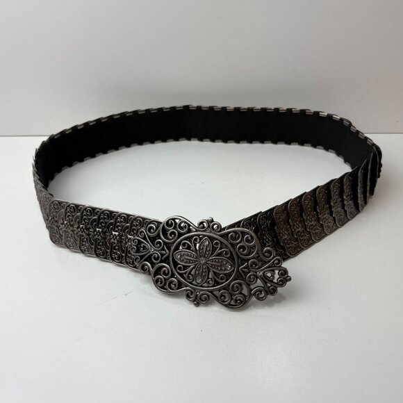 Silver-Toned Elastic Waist Belt Filigree Floral Buckle Rhinestone Goth cosplay - Picture 6 of 8